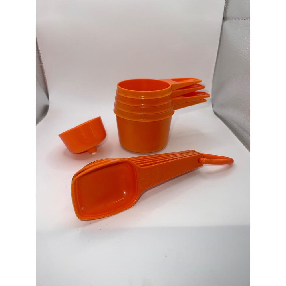 Vintage Orange Tupperware Measuring Cups And Spoons With Mini Funnel EUC MCM